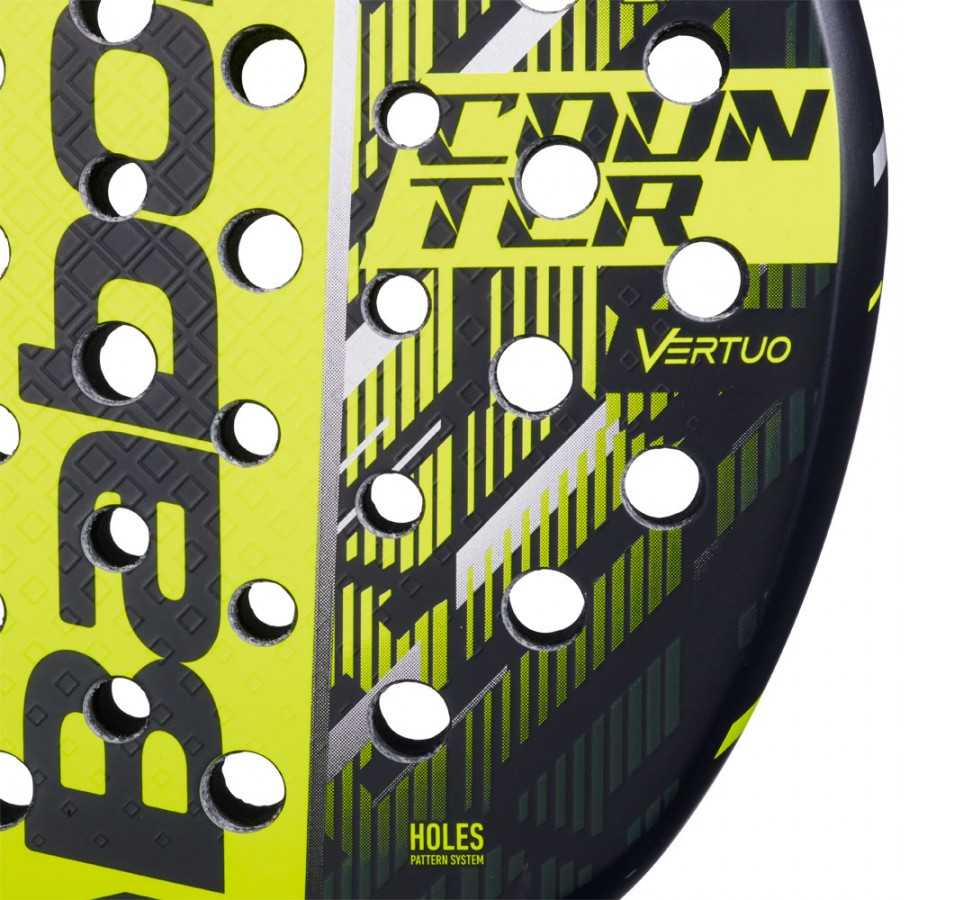 Detailed close-up of Babolat Counter Vertuo 2025 fiberglass surface with soft EVA core